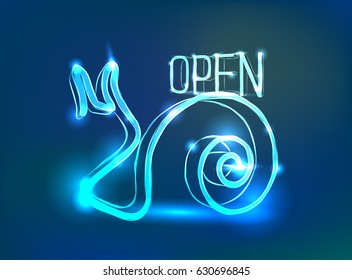 Glowing neon sign of a snail with an inscription open vector