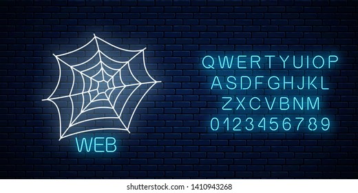 Glowing neon sign of spyder web banner design with alphabet on dark brick wall background. Bright halloween night scary sign neon style. Vector illustration.