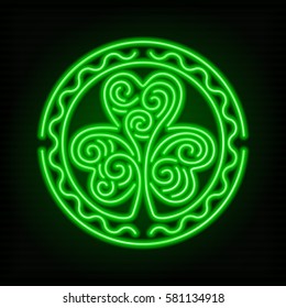 Glowing neon sign - Stylized image of a shamrock on a dark green background.