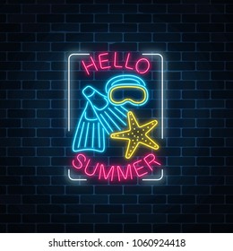 Glowing neon sign of summer begin party with sea star, flippers and mask symbols in rectangle frame on dark brick wall background. Summer begin party leaflet. Vector illustration.