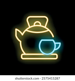 Glowing neon sign of a teapot and cup on a black background