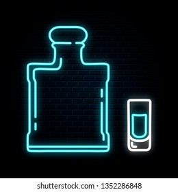 Glowing neon sign with tequila bottle and shot. Vector isolated illustration. Icon for night alcohol bar background. Led luminous sign for pub signboard.