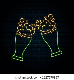 Glowing neon sign with two clinking beer glasses. Vector isolated illustration. Icon for night pub background. Led luminous sign for alcohol bar signboard.