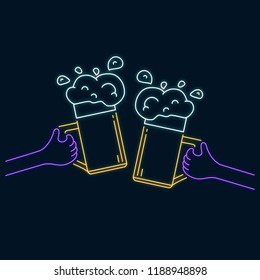 Glowing neon sign with two hands holding beer glasses. Clinking mugs. Vector isolated illustration. Icon for night beer bar background. Led luminous sign for pub signboard.
