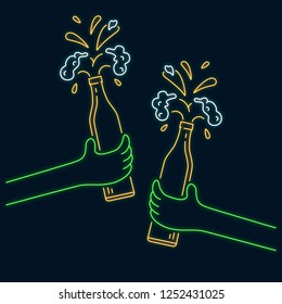 Glowing neon sign with two hands clinking beer bottles with foam. Toasting concept. Vector isolated illustration. Icon for night beer bar background. Led luminous sign for pub signboard.