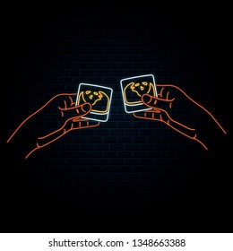 Glowing neon sign with two hands clinking scotch whiskey glasses. Vector isolated illustration. Icon for night bar background. Led luminous sign for pub signboard.