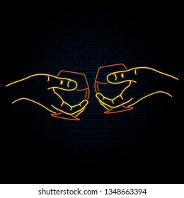 Glowing neon sign with two hands clinking cognac, rum or bourbon glasses. Vector isolated illustration. Icon for night bar background. Led luminous sign for pub signboard.