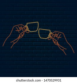 Glowing neon sign with two hands holding espresso cups. Vector isolated luminic illustration. Icon for cafe background. Led luminous sign for coffee shop signboard.