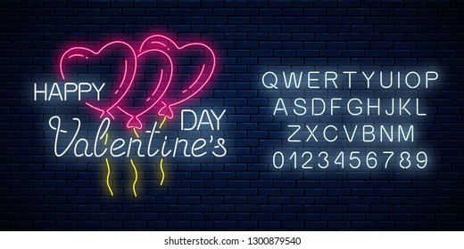 Glowing neon sign of valentines day with heart shape balloons and alphabet on dark brick wall background. Vector illustration of happy valentine day greeting card in neon style.