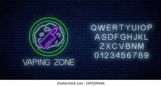 Glowing neon sign of vaping zone with alphabet on dark brick wall background. Vape kit area symbol. Signboard of smoking place. Vector illustration.