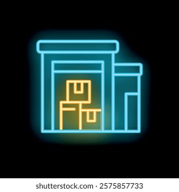 Glowing neon sign of a warehouse building holding merchandise for shipping and logistics