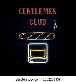 Glowing neon sign with whiskey glass and cigar. Vector isolated illustration. Icon for night bar background. Led luminous gentlemen club signboard.