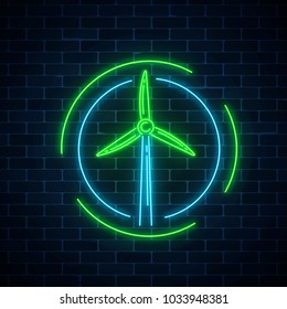 Glowing neon sign of windmill in circle frames on dark brick wall background. Ecology wind power generation concept. Wind turbine neon symbol. Vector illustration.