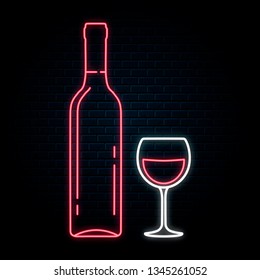 Glowing neon sign with wine bottle and glass. Vector isolated illustration. Icon for night winery bar background. Led luminous sign for wedding restaurant signboard.