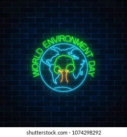 Glowing neon sign of world environment day with tree symbol in globe. Earth day neon banner.