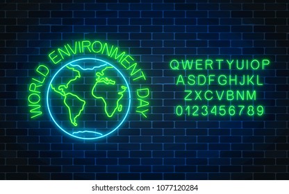 Glowing neon sign of world environment day with globe symbol and alphabet. Earth day neon banner.