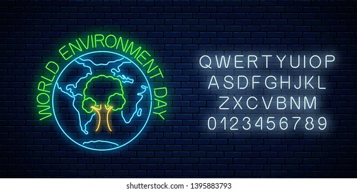 Glowing neon sign of world environment day with tree symbol in globe and greeting text with alphabet on dark brick wall background. Earth day neon banner. Vector illustration.