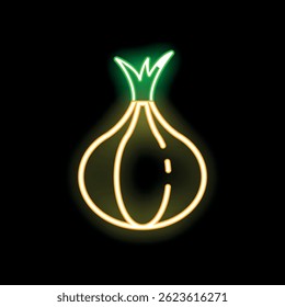 Glowing neon sign of a yellow onion with green sprout on a black background