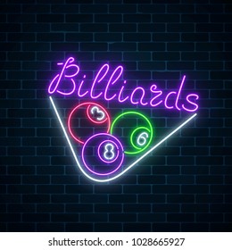 Glowing neon signboard of bar with billiards on brick wall background. Night advertising symbol of taproom with pool game. Billiard balls in triangle frame. Vector illustration.