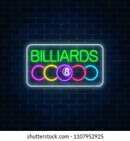 Glowing neon signboard of bar with billiards on brick wall background. Billiard balls with text in rectangle frame. Night advertising symbol of taproom with pool game. Vector illustration.