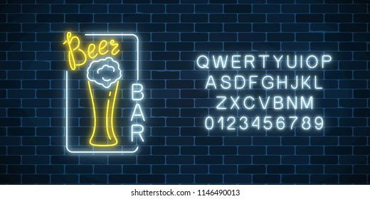 Glowing neon signboard of beer bar in rectangle frame and alphabet on dark brick wall background. Luminous advertising sign of night club. Vector illustration.