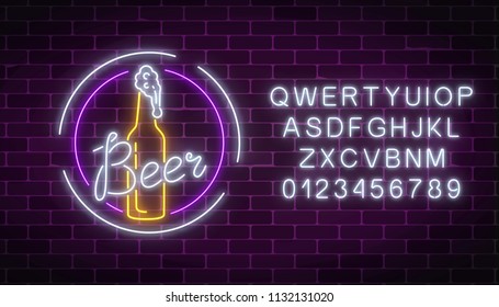 Glowing neon signboard of beer bottle and glass in round frames with alphabet on dark brick wall background. Luminous advertising sign of night club or beer bar. Vector illustration.