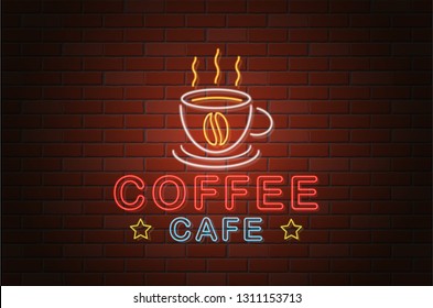 glowing neon signboard coffee cafe vector illustration isolated on white background