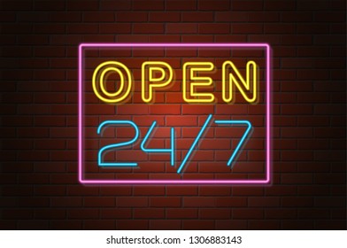 glowing neon signboard open vector illustration on brick wall background
