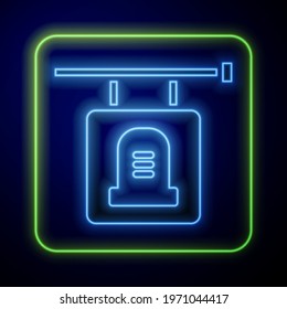 Glowing neon Signboard tombstone icon isolated on blue background.  Vector