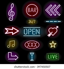 Glowing Neon Signs, Icon Set, Vector Illustration