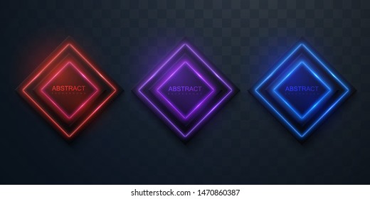 Glowing neon signs. Vector 3d illustration. Isolated geometric shapes for decoration design. Modern banner template. Neon light boards. Banner sale tags.