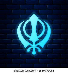 Glowing neon Sikhism religion Khanda symbol icon isolated on brick wall background. Khanda Sikh symbol.  Vector Illustration