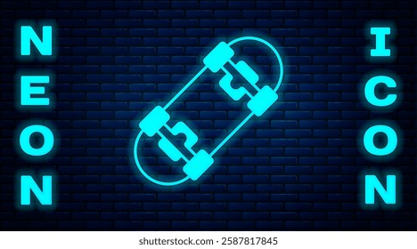 Glowing neon Skateboard icon isolated on brick wall background. Extreme sport. Sport equipment.  Vector