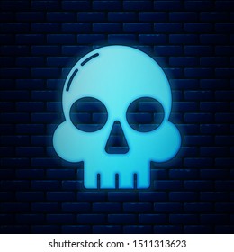 Glowing neon Skull icon isolated on brick wall background. Happy Halloween party.  Vector Illustration