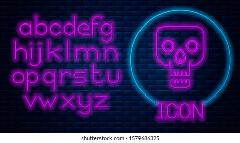 Glowing neon Skull icon isolated on brick wall background. Happy Halloween party. Neon light alphabet. Vector Illustration