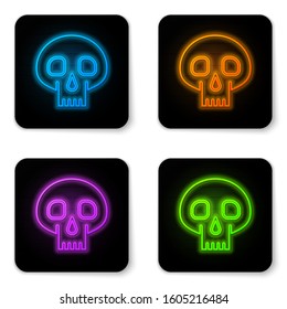 Glowing neon Skull icon isolated on white background. Black square button. Vector Illustration