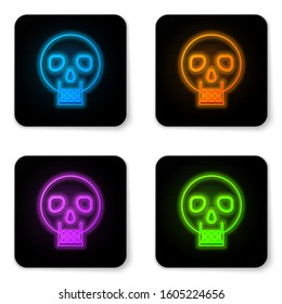 Glowing neon Skull icon isolated on white background. Happy Halloween party. Black square button. Vector Illustration