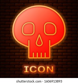 Glowing neon Skull icon isolated on brick wall background.  Vector Illustration