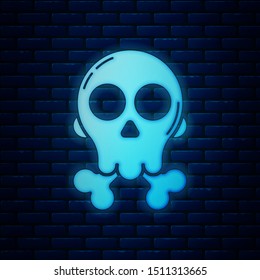 Glowing neon Skull on crossbones icon isolated on brick wall background. Happy Halloween party.  Vector Illustration