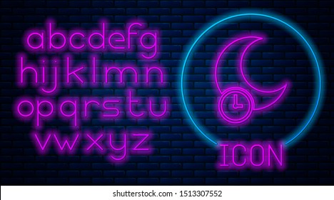 Glowing neon Sleeping moon icon isolated on brick wall background. Neon light alphabet. Vector Illustration