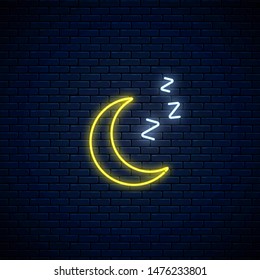 Glowing neon sleepy moon icon with zzz symbol on dark brick wall background. Sleeping crescent in neon style to weather forecast in mobile application. Vector illustration.