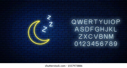 Glowing neon sleepy moon icon with zzz symbol with alphabet. Sleeping crescent in neon style to weather forecast in mobile application. Vector illustration.