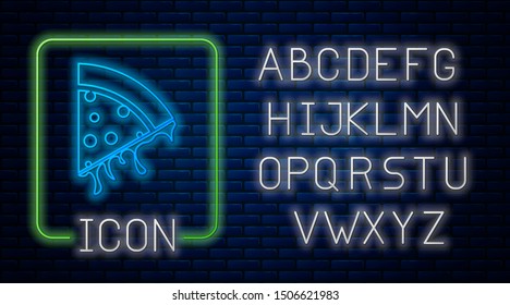 Glowing neon Slice of pizza icon isolated on brick wall background. Neon light alphabet. Vector Illustration