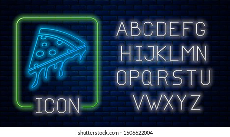 Glowing neon Slice of pizza icon isolated on brick wall background. Neon light alphabet. Vector Illustration