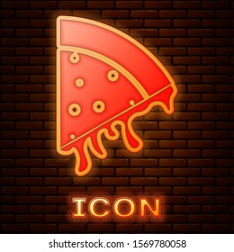 Glowing neon Slice of pizza icon isolated on brick wall background.  Vector Illustration