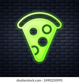 Glowing neon Slice of pizza icon isolated on brick wall background. Fast food menu.  Vector