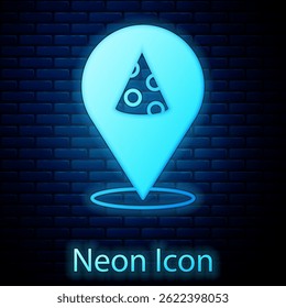 Glowing neon Slice of pizza icon isolated on brick wall background. Fast food menu.  Vector
