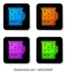 Glowing neon Slot machine icon isolated on white background. Black square button. Vector Illustration