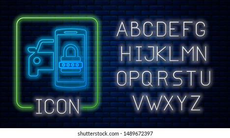Glowing neon Smart car security system icon isolated on brick wall background. The smartphone controls the car security on the wireless. Neon light alphabet. Vector Illustration