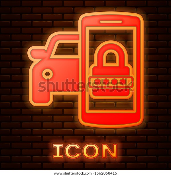 Glowing neon Smart car\
security system icon isolated on brick wall background. The\
smartphone controls the car security on the wireless.  Vector\
Illustration